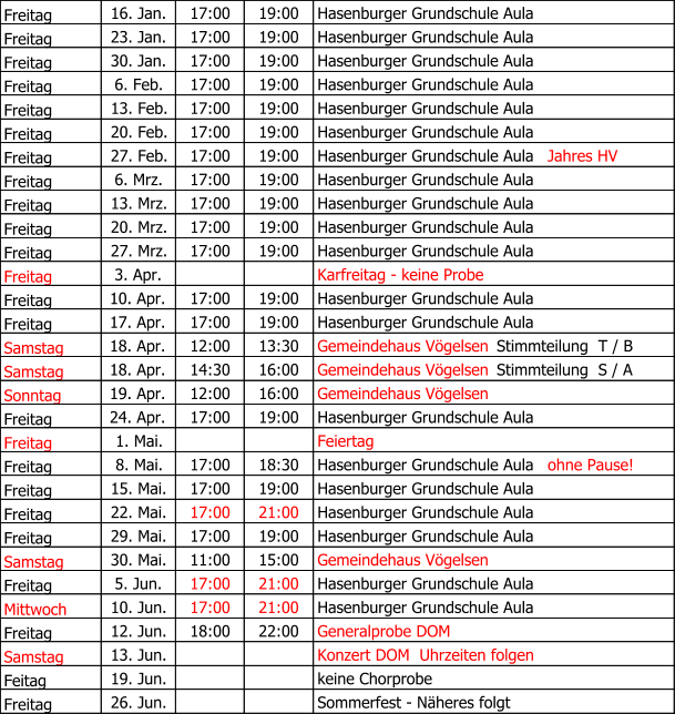 Freitag   16. Jan. 17:00 19:00 Hasenburger Grundschule Aula Freitag 23. Jan. 17:00 19:00 Hasenburger Grundschule Aula Freitag   30. Jan. 17:00 19:00 Hasenburger Grundschule Aula Freitag 6. Feb. 17:00 19:00 Hasenburger Grundschule Aula Freitag 13. Feb. 17:00 19:00 Hasenburger Grundschule Aula Freitag 20. Feb. 17:00 19:00 Hasenburger Grundschule Aula  Freitag 27. Feb. 17:00 19:00 Hasenburger Grundschule Aula    Jahres HV Freitag 6. Mrz. 17:00 19:00 Hasenburger Grundschule Aula Freitag 13. Mrz. 17:00 19:00 Hasenburger Grundschule Aula Freitag 20. Mrz. 17:00 19:00 Hasenburger Grundschule Aula Freitag   27. Mrz. 17:00 19:00 Hasenburger Grundschule Aula Freitag 3. Apr. Karfreitag - keine Probe Freitag 10. Apr. 17:00 19:00 Hasenburger Grundschule Aula Freitag 17. Apr. 17:00 19:00 Hasenburger Grundschule Aula Samstag 18. Apr. 12:00 13:30 Gemeindehaus Vögelsen   Stimmteilung  T / B Samstag 18. Apr. 14:30 16:00 Gemeindehaus Vögelsen   Stimmteilung  S / A Sonntag 19. Apr. 12:00 16:00 Gemeindehaus Vögelsen Freitag 24. Apr. 17:00 19:00 Hasenburger Grundschule Aula Freitag   1. Mai. Feiertag Freitag 8. Mai. 17:00 18:30 Hasenburger Grundschule Aula    ohne Pause! Freitag 15. Mai. 17:00 19:00 Hasenburger Grundschule Aula Freitag 22. Mai. 17:00 21:00 Hasenburger Grundschule Aula Freitag 29. Mai. 17:00 19:00 Hasenburger Grundschule Aula Samstag 30. Mai. 11:00 15:00 Gemeindehaus Vögelsen Freitag 5. Jun. 17:00 21:00 Hasenburger Grundschule Aula Mittwoch 10. Jun. 17:00 21:00 Hasenburger Grundschule Aula Freitag 12. Jun. 18:00 22:00 Generalprobe DOM Samstag 13. Jun. Konzert DOM  Uhrzeiten folgen Feitag 19. Jun. keine Chorprobe Freitag 26. Jun. Sommerfest - Näheres folgt