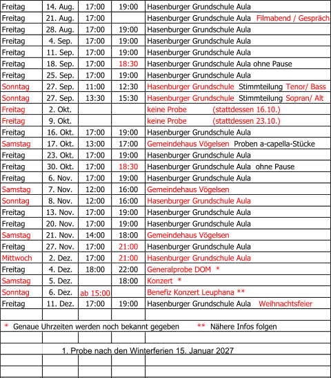Freitag   14. Aug. 17:00 19:00 Hasenburger Grundschule Aula Freitag 21. Aug. 17:00 Hasenburger Grundschule Aula   Filmabend / Gespräch Freitag   28. Aug. 17:00 19:00 Hasenburger Grundschule Aula Freitag 4. Sep. 17:00 19:00 Hasenburger Grundschule Aula Freitag 11. Sep. 17:00 19:00 Hasenburger Grundschule Aula Freitag 18. Sep. 17:00 18:30 Hasenburger Grundschule Aula ohne Pause  Freitag 25. Sep. 17:00 19:00 Hasenburger Grundschule Aula    Sonntag 27. Sep. 11:00 12:30 Hasenburger Grundschule   Stimmteilung  Tenor/ Bass Sonntag 27. Sep. 13:30 15:30 Hasenburger Grundschule   Stimmteilung  Sopran/ Alt Freitag 2. Okt. keine Probe           (stattdessen 16.10.) Freitag 9. Okt. keine Probe           (stattdessen 23.10.) Freitag 16. Okt. 17:00 19:00 Hasenburger Grundschule Aula Samstag 17. Okt. 13:00 17:00 Gemeindehaus Vögelsen   Proben a-capella-Stücke Freitag   23. Okt. 17:00 19:00 Hasenburger Grundschule Aula Freitag 30. Okt. 17:00 18:30 Hasenburger Grundschule Aula  ohne Pause Freitag 6. Nov. 17:00 19:00 Hasenburger Grundschule Aula Samstag 7. Nov. 12:00 16:00 Gemeindehaus Vögelsen Sonntag 8. Nov. 12:00 16:00 Hasenburger Grundschule Aula Freitag 13. Nov. 17:00 19:00 Hasenburger Grundschule Aula Freitag 20. Nov. 17:00 19:00 Hasenburger Grundschule Aula Samstag 21. Nov. 14:00 18:00 Gemeindehaus Vögelsen   Freitag 27. Nov. 17:00 21:00 Hasenburger Grundschule Aula Mittwoch 2. Dez. 17:00 21:00 Hasenburger Grundschule Aula Freitag 4. Dez. 18:00 22:00 Generalprobe DOM  * Samstag 5. Dez. 18:00 Konzert  * Sonntag 6. Dez. ab 15:00 Benefiz Konzert Leuphana ** Freitag 11. Dez. 17:00 19:00 Hasenburger Grundschule Aula    Weihnachtsfeier  *   Genaue Uhrzeiten werden noch bekannt gegeben         **   Nähere Infos folgen               1. Probe nach den Winterferien 15. Januar 2027